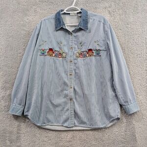 Bobbie Brooks XL Embroidered Denim Button Up Shirt Top Long Sleeve Floral Bees